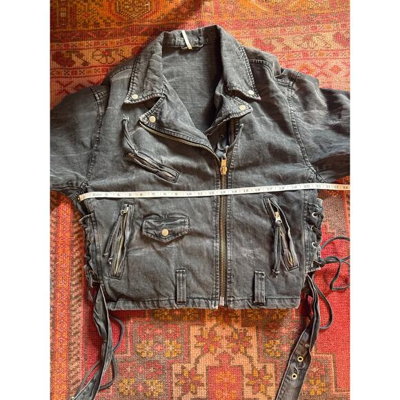 Free People Black Denim Rebel Moto Style Jacket Corset Sides XS - Picture 7 of 9